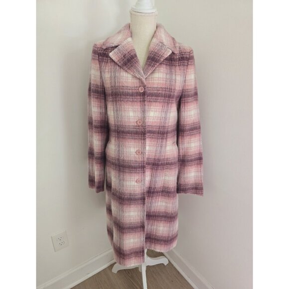 Hennes HM Vintage Pink Plaid Wool Blend Single Breasted Long Mid Coat 10 M - Picture 1 of 12